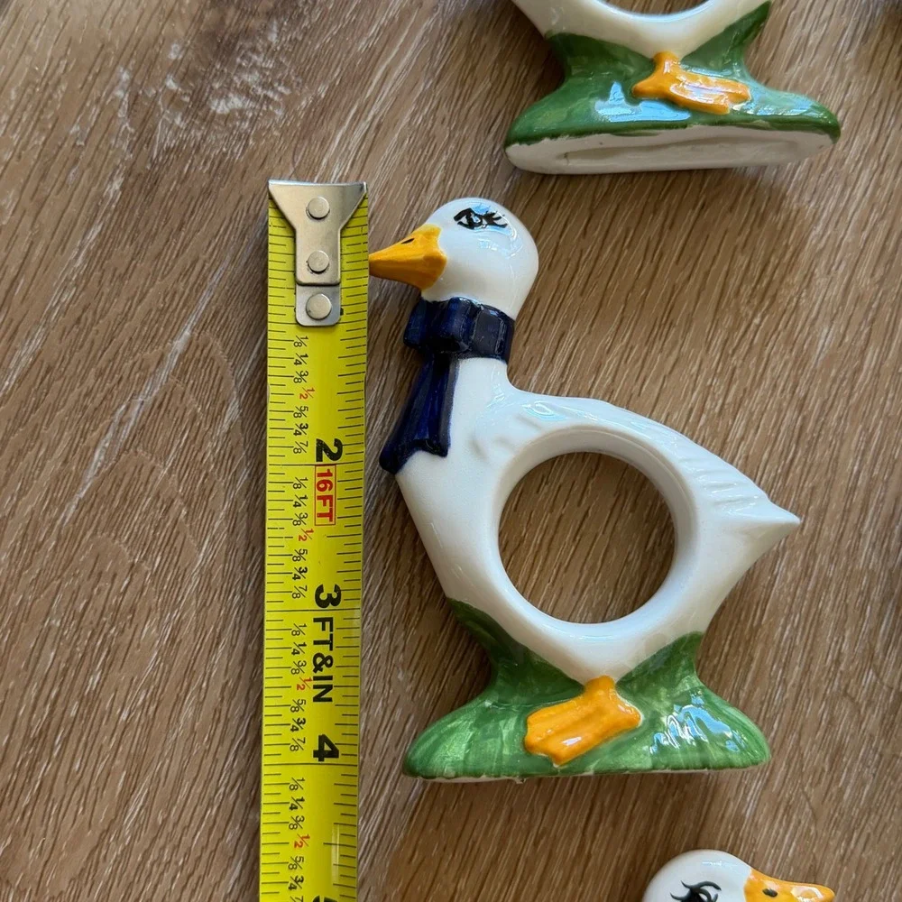Vintage Ceramic Goose Napkin Rings Set of 9 White Blue Bow Farmhouse Decor